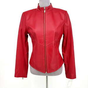 Pamela McCoy Jacket Womens XS Red Leather Full Zip Cuffs Lined Fitted New